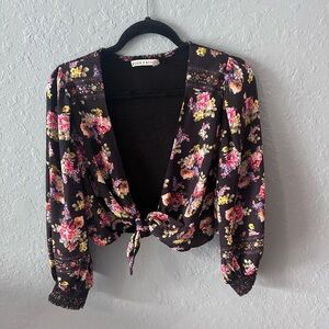 Alice + Olivia black floral smocked front tie cropped top bohemian Retails $350
